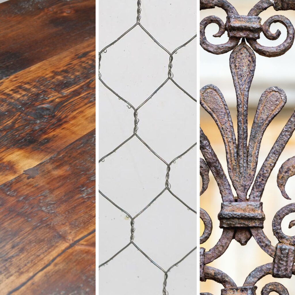 Close-up collage of salvaged materials: weathered wood, chicken wire, and ornate wrought iron fence—perfect inspiration for decorating your home or enhancing a fixer upper project.