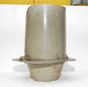 Gray metal industrial traffic light housing shown in a front view with a mounting flange and tapered lower section.