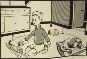 Black-and-white vintage school poster showing a boy playing with a toy train set beside a sleeping dog, with other illustrated scenes partially visible.