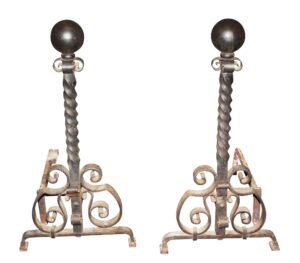 Andirons - Antique Curled Wrought Iron Andirons