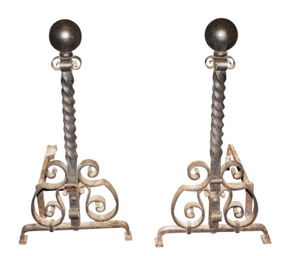 Andirons - Antique Curled Wrought Iron Andirons