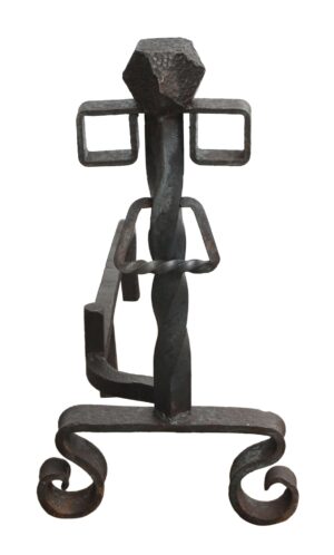 Antique black wrought iron andiron with hand-forged turned details and scroll feet, shown as a single upright fireplace support.