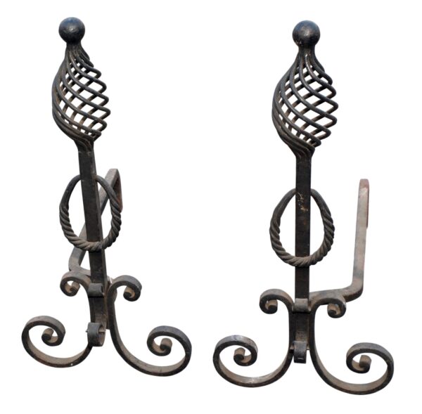 Andirons - Turn of the Century Pair of Wrought Iron Arts & Crafts Andirons