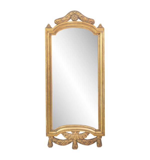 Ornate gold wall mirror with an arched wooden frame, carved foliate details, and a distressed reflective surface.