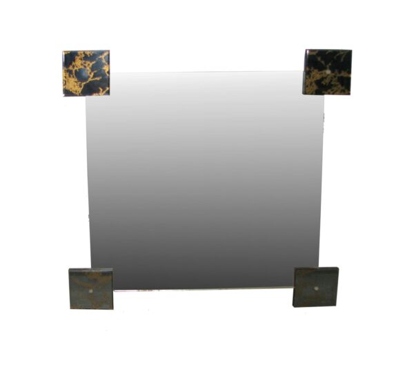 Square wall mirror with beveled glass and four decorative black and gold corner squares.