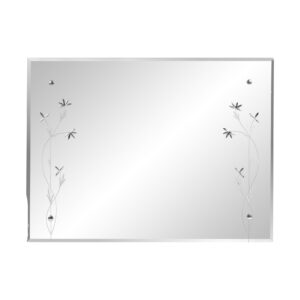 Vintage beveled wall mirror with etched floral details, shown front-facing with a broken corner and visible chipping.