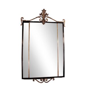 Rectangular wall mirror with a black frame and gold fleur-de-lis ornament at the top and bottom.
