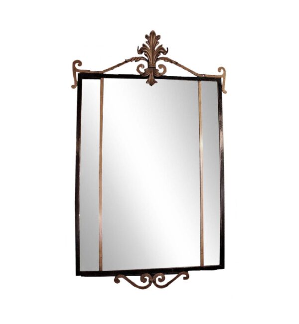 Rectangular wall mirror with a black frame and gold fleur-de-lis ornament at the top and bottom.