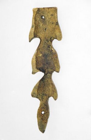 Antique bronze furniture applique set of three, shown as one vertically oriented leaf motif accent with mounting holes.