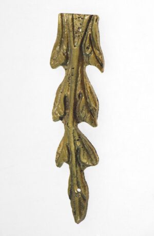 Antique bronze leaf furniture applique with a vertical ornamental shape and mounting holes visible at the top and bottom.