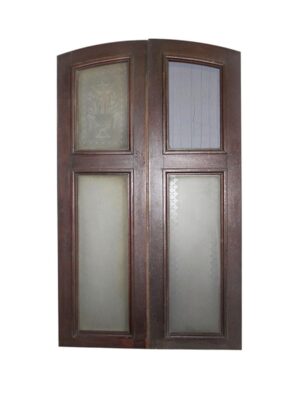 Pair of arched wooden doors with two vertical glass panels on each leaf, shown closed and viewed from the front.