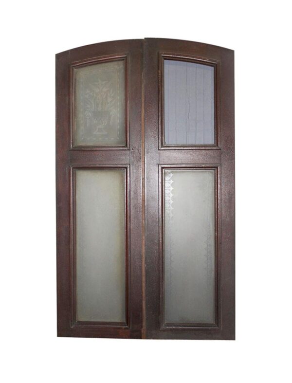 Pair of arched wooden doors with two vertical glass panels on each leaf, shown closed and viewed from the front.