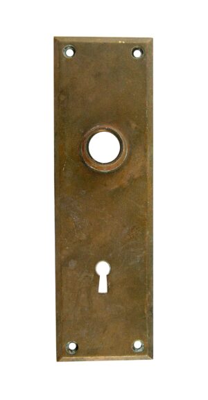 Tall antique bronze door back plate with a large circular hole, keyhole slot, and four screw holes visible.