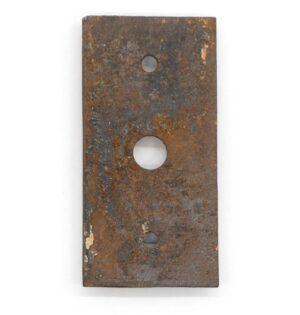 Cast iron door back plate with a rectangular shape and three mounting holes, shown with heavy surface wear and rust.