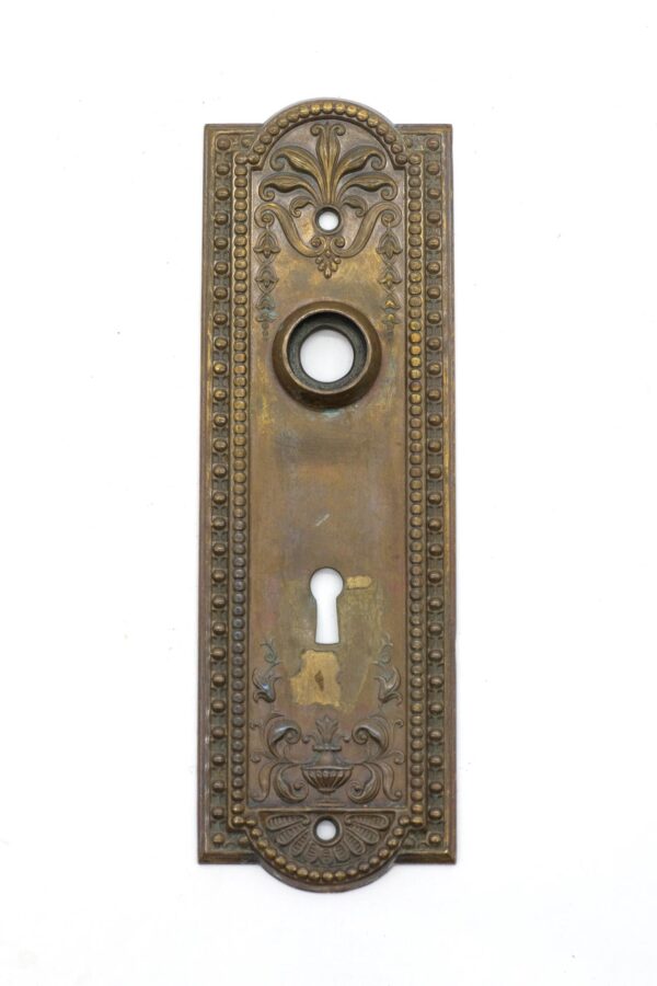 Ornate pressed brass keyhole back plate with beaded border, foliate details, and key and knob openings.
