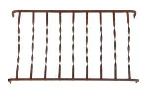 Wrought iron window guard with a simple rectangular frame and vertical twisted bars.