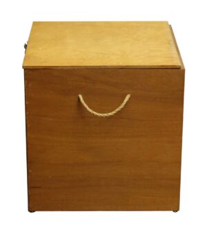 Light wood tone storage box with a rope handle shown from the front and top.