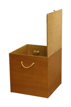 Open wooden storage box with a rope handle on the front, shown with one upright panel and a small rope handle visible on top.