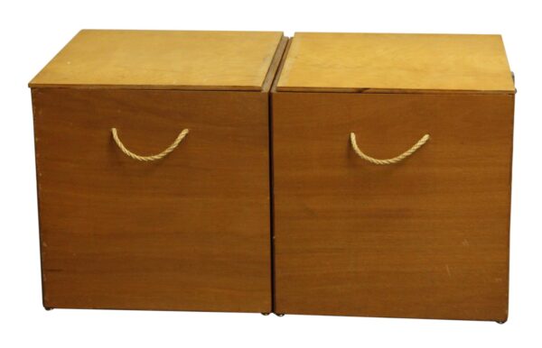 Pair of wooden storage boxes with rope handles, shown side by side with flat lids and a light wood tone finish.
