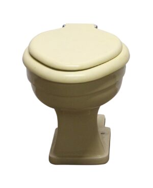 1950s light yellow ceramic toilet with matching lid and seat, shown from the front with the tank not included.