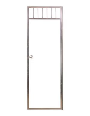 Single shower door with a nickel finish, top bars, and a handle on one side, shown without a frame or glass panel.