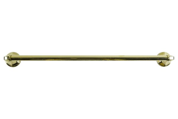 Polished brass towel bar with round wall mounts and a 25-inch horizontal rod, shown without mounting plates.