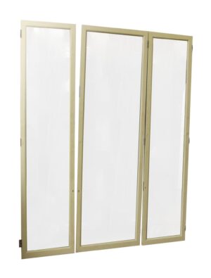 Three-piece cabinet door set with white wood frames and clear glass panes, shown with one tall door and two narrower matching doors.