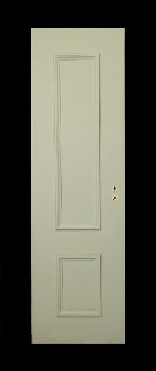 White closet or pantry door with two raised panels and a vertical recessed center panel, shown with the hardware openings visible on the right side.