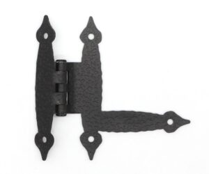 Pair of black hammered surface mount cabinet hinges shown together, with five knuckles and pointed strap ends, arranged in an open L shape.