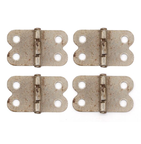 Four steel cabinet hinges with flat tips, a template hole pattern, and three knuckles, shown in a set.