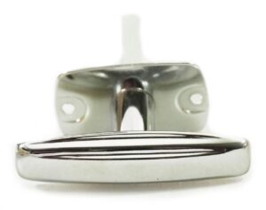 Polished nickel privacy thumb turn latch with a rectangular backplate and horizontal handle, shown in close-up.