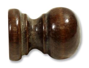 Vintage dark wood drawer knob shown in side view with a rounded end and narrow center section.