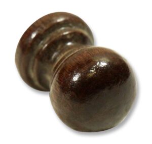 Wooden cabinet knob with a dark wood tone, shown in a close-up view.