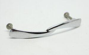 A pair of Mid Century bridge drawer pulls with a chrome finish and screw posts, shown in a side view.