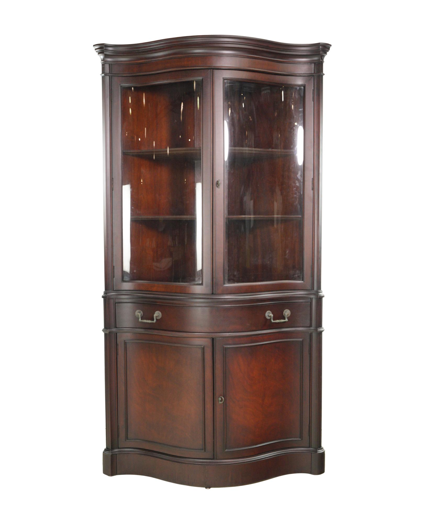 Traditional Mahogany Curved Glass Doors Corner Cabinet