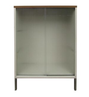 Cabinets - Vintage White Metal Cabinet with Sliding Ribbed Glass Doors