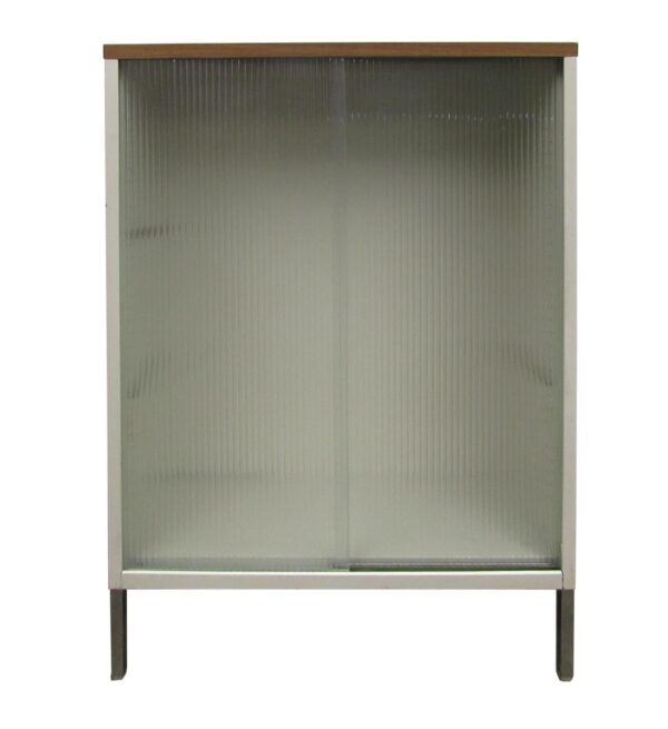 Cabinets - Vintage White Metal Cabinet with Sliding Ribbed Glass Doors