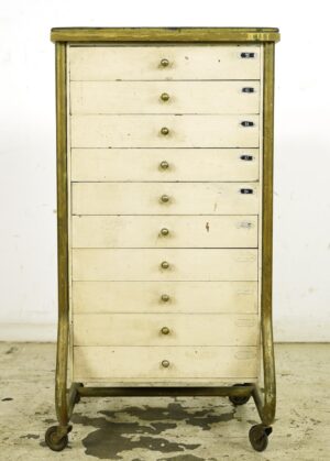 Cabinets - Vintage White Wood Rolling Optician 10 Drawer Medical Cabinet