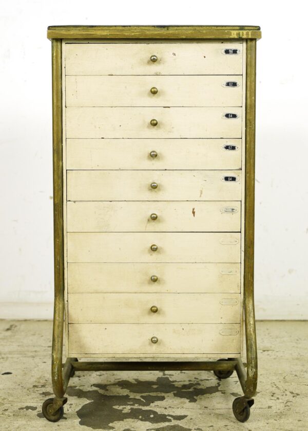 Cabinets - Vintage White Wood Rolling Optician 10 Drawer Medical Cabinet