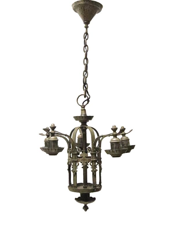Chandeliers - 1910s Nickel Over Brass 5 Light Arts & Crafts Chandelier