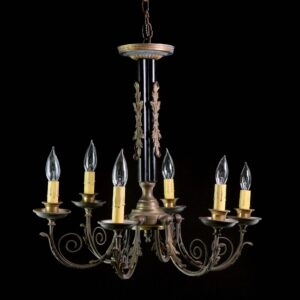 Chandeliers - 1920s French 6 Arm Scrolled Foliage Brass Chandelier