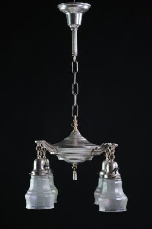 Chandeliers - 1920s Silver Plated Brass 4 Arm Iridescent Shades Chandelier