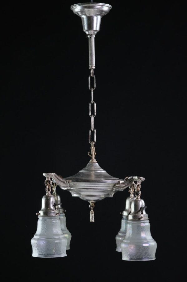 Chandeliers - 1920s Silver Plated Brass 4 Arm Iridescent Shades Chandelier