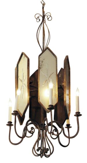 Art Deco six-arm chandelier with etched mirrored glass panels and wrought iron scrollwork, shown with candle-style bulbs.