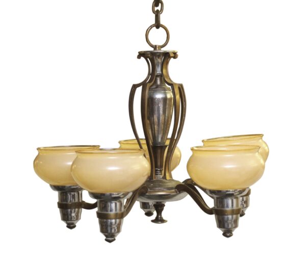 Chandeliers - 1930s Bronze & Nickel Chandelier with 5 Glass Slip Shades