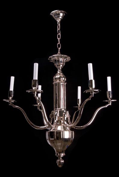 Art Deco six-arm chandelier with a silvered finish and a chain suspension.