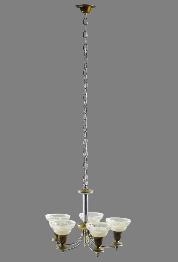 A five-arm chandelier with a long chain, central column, and five slip shades visible.