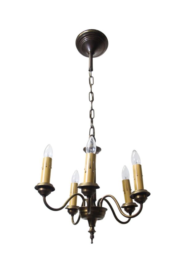 A Federal-style five-arm chandelier with scrolling arms, candlestick sockets, and a chain suspension.