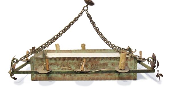 Green steel hanging box chandelier shown in a front view, with eight arms, fleur de lis corner details, and a central rectangular fluorescent box.
