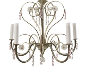 A French chandelier with five silver-plated arms, clear glass florets, and hanging pink and clear crystal beads, shown with white candle sleeves.
